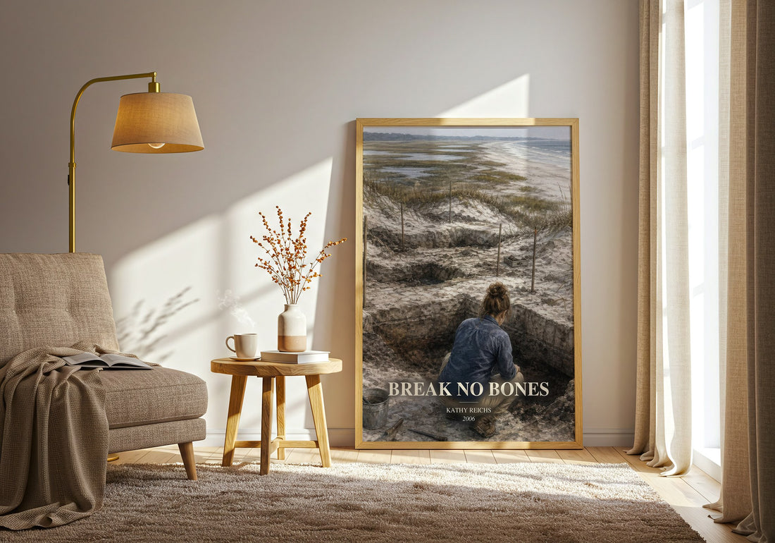 Break No Bones watercolour print in frame leaning in hallway – crime wall art (mockup)