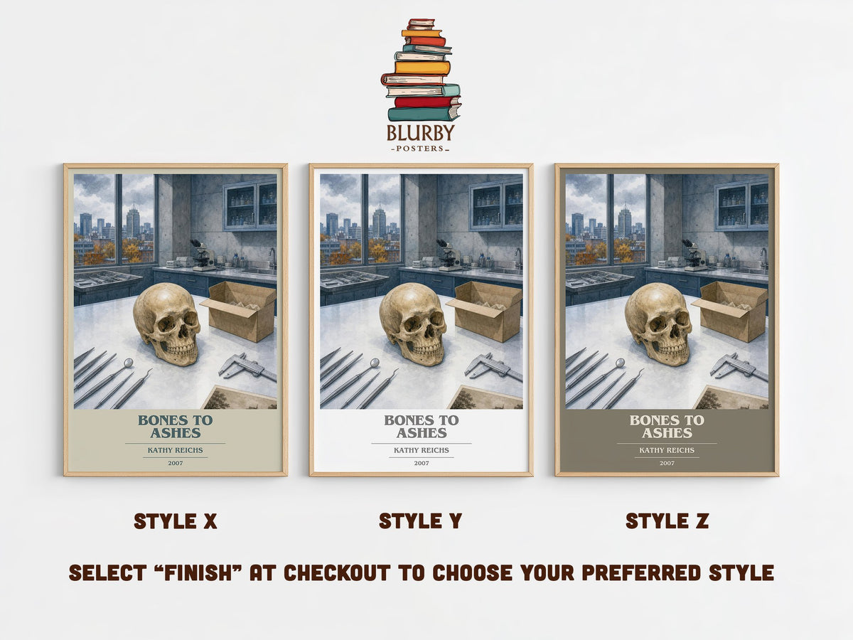 Bones to Ashes book cover print in frame leaning in hallway – crime wall art (mockup)