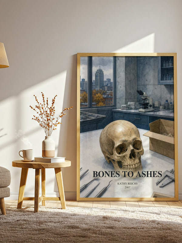 Bones to Ashes watercolour print in frame leaning in hallway – crime wall art