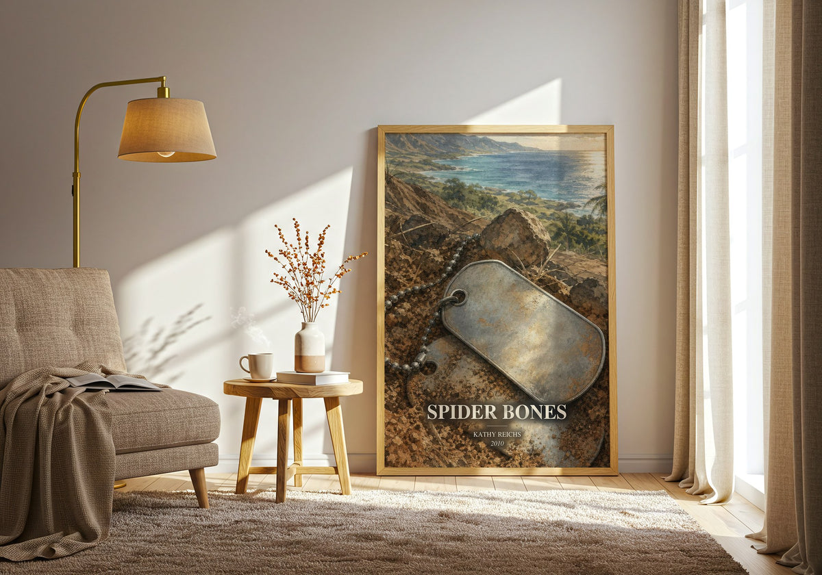Spider Bones watercolour print in frame leaning in hallway – crime wall art (mockup)