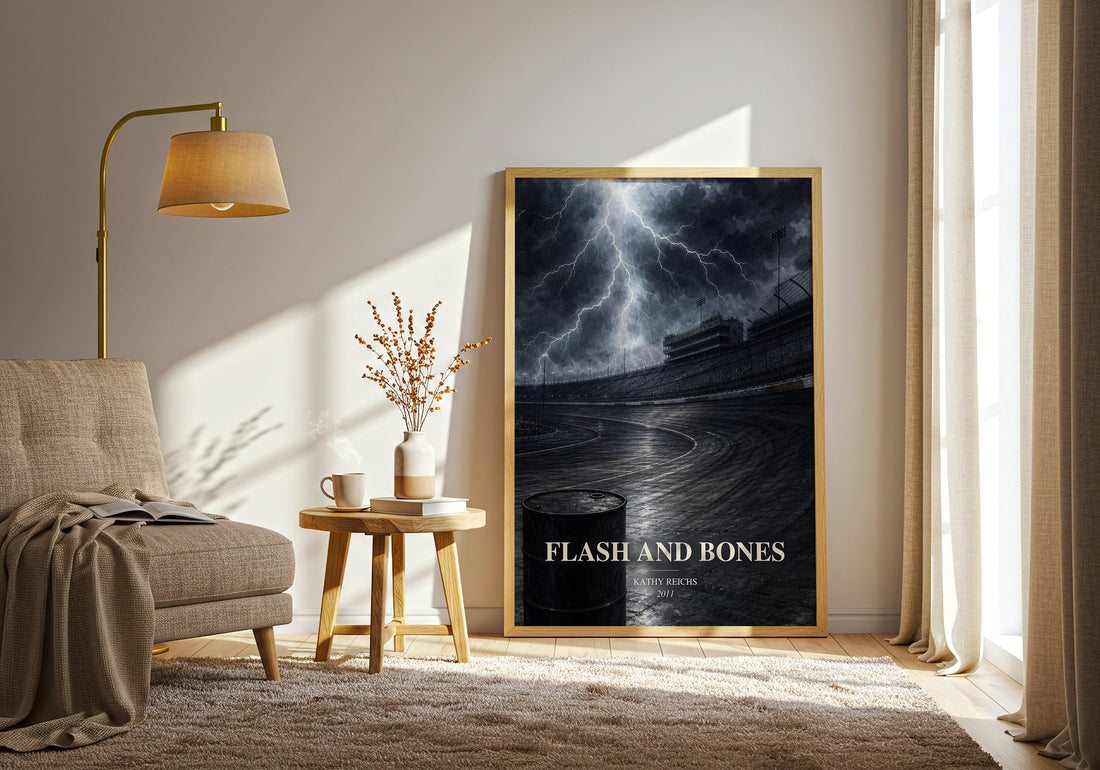 Flash and Bones watercolour print in frame leaning in hallway – crime wall art (mockup)