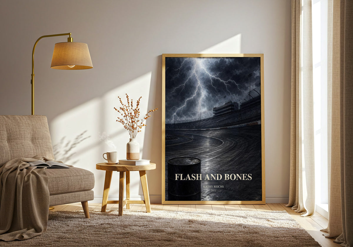 Flash and Bones watercolour print in frame leaning in hallway – crime wall art (mockup)