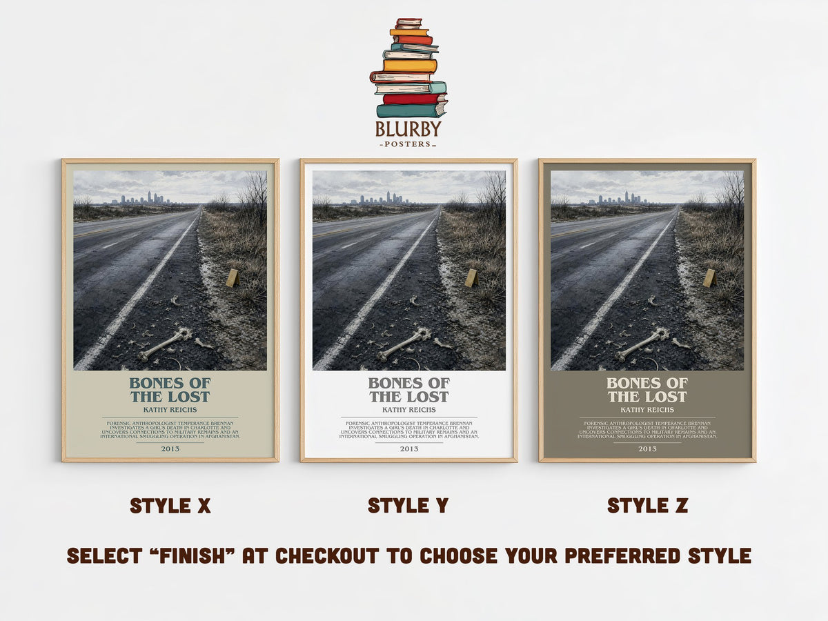 Bones of the Lost bookish print in frame leaning in hallway – crime wall art (mockup)