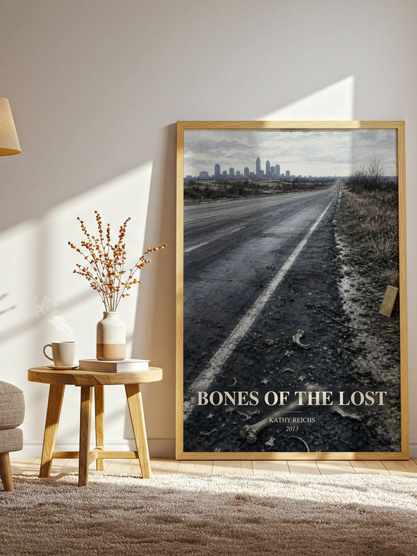 Bones of the Lost watercolour print in frame leaning in hallway – crime wall art