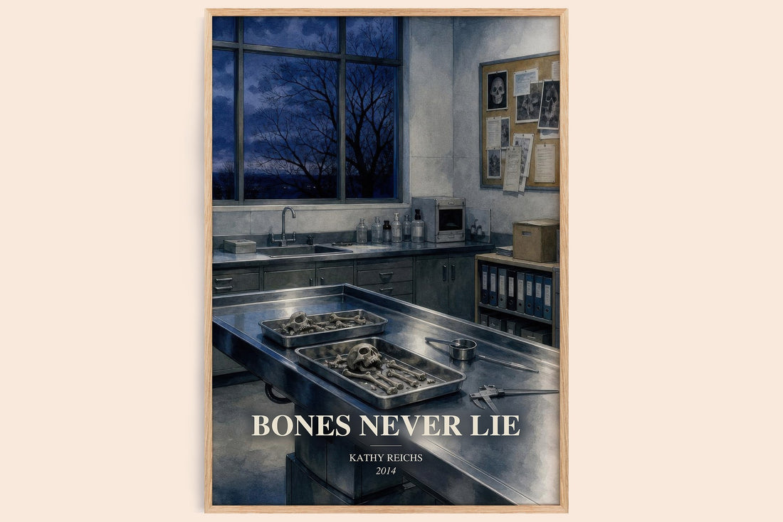 Bones Never Lie watercolour book poster by Kathy Reichs – framed literary art print