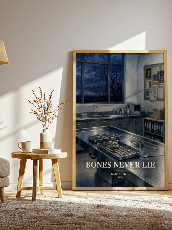 Bones Never Lie watercolour print in frame leaning in hallway – crime wall art