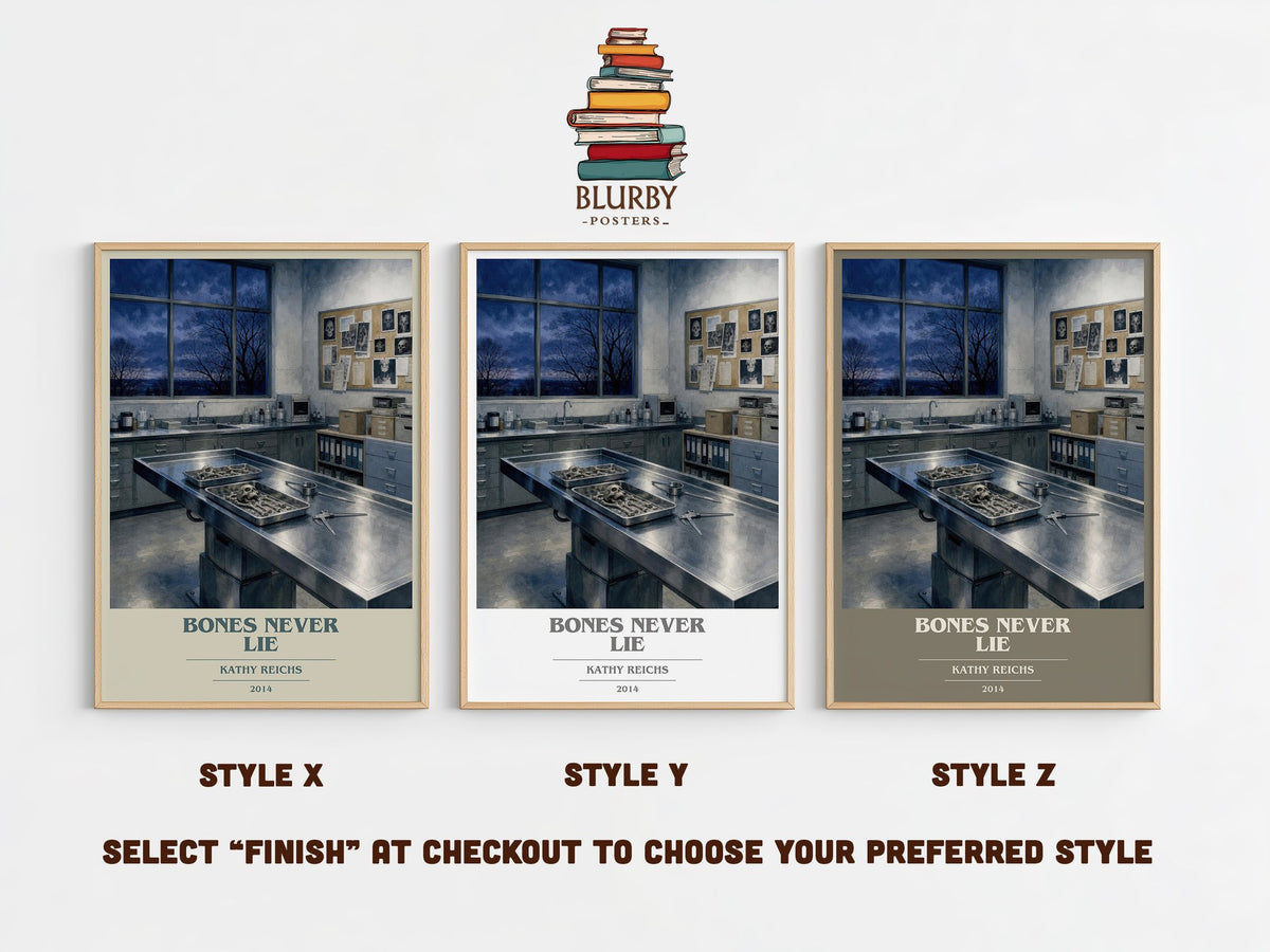 Bones Never Lie book cover print in frame leaning in hallway – crime wall art (mockup)