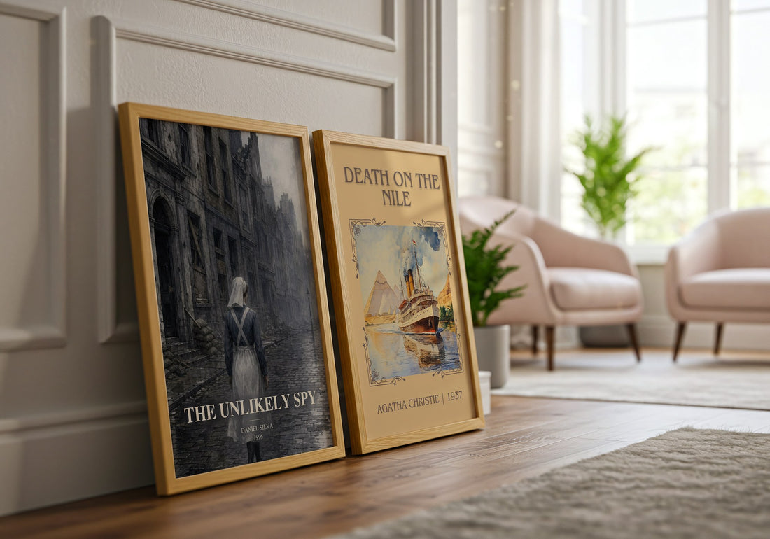 The Unlikely Spy watercolour print framed by window – literary home decor