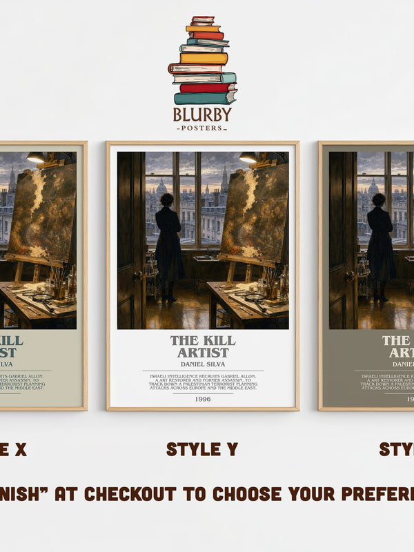 The Kill Artist bookish print in frame leaning in hallway – thriller wall art