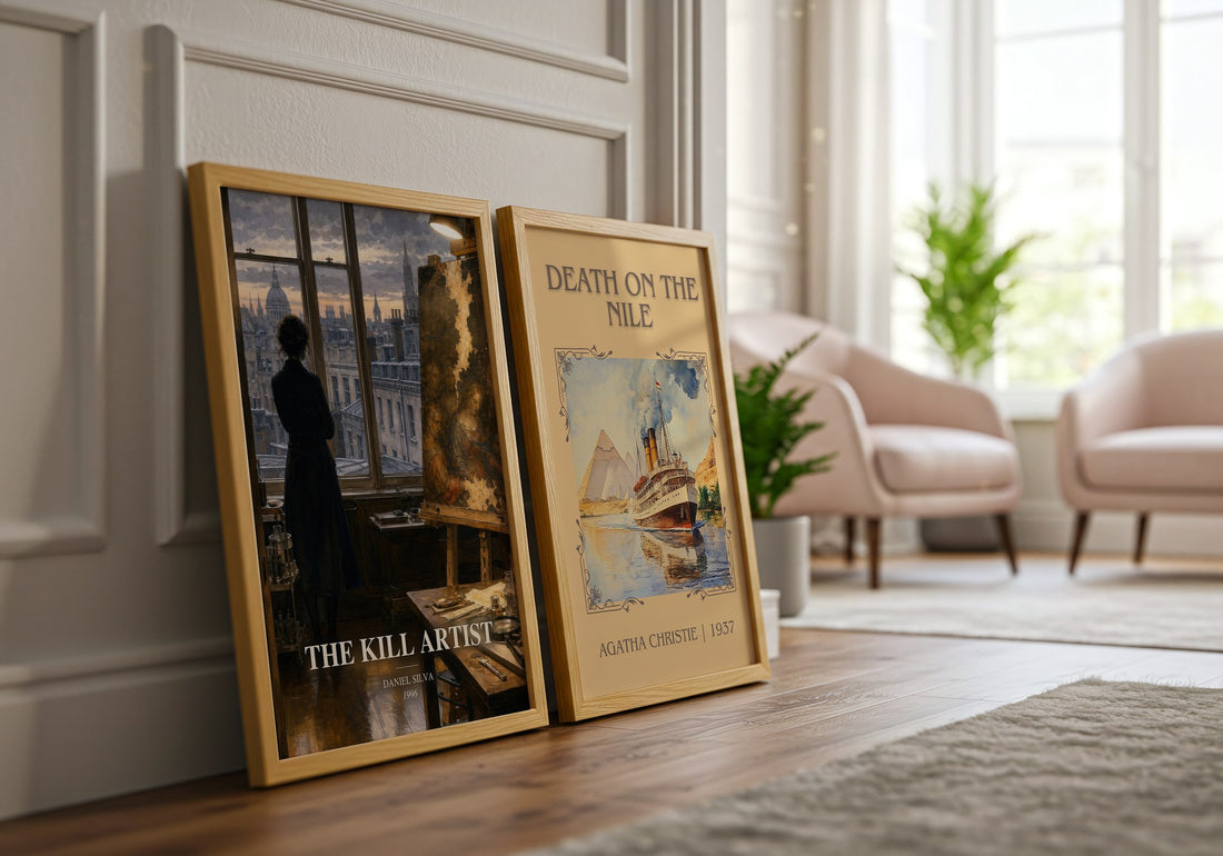 The Kill Artist watercolour print framed by window – literary home decor