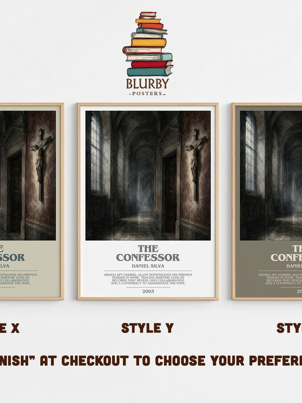 The Confessor bookish print in frame leaning in hallway – thriller wall art