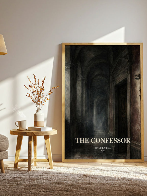 The Confessor watercolour print in frame leaning in hallway – thriller wall art