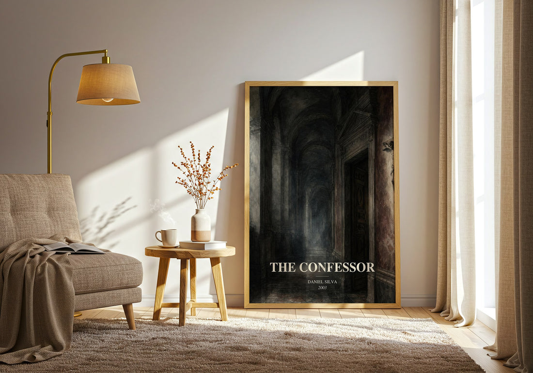 The Confessor watercolour print in frame leaning in hallway – thriller wall art (mockup)