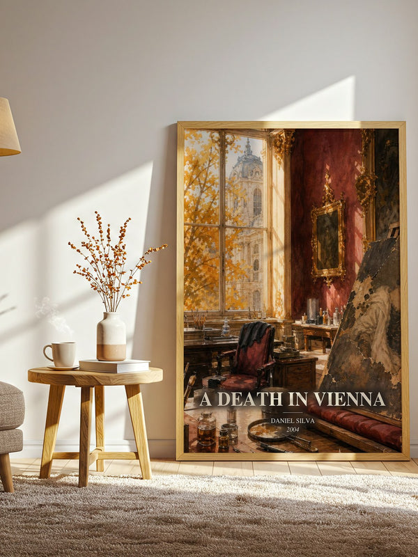 A Death in Vienna watercolour print in frame leaning in hallway – thriller wall art