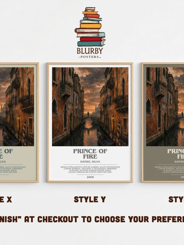 Prince of Fire bookish print in frame leaning in hallway – thriller wall art