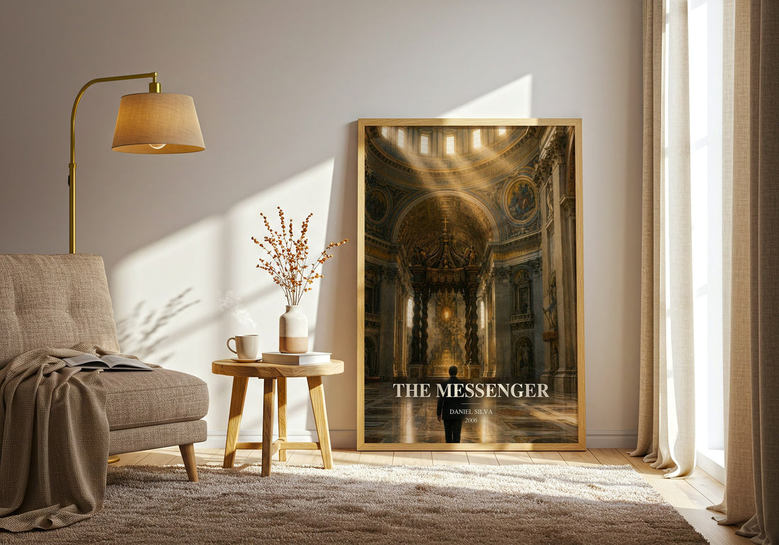 The Messenger watercolour print in frame leaning in hallway – thriller wall art (mockup)