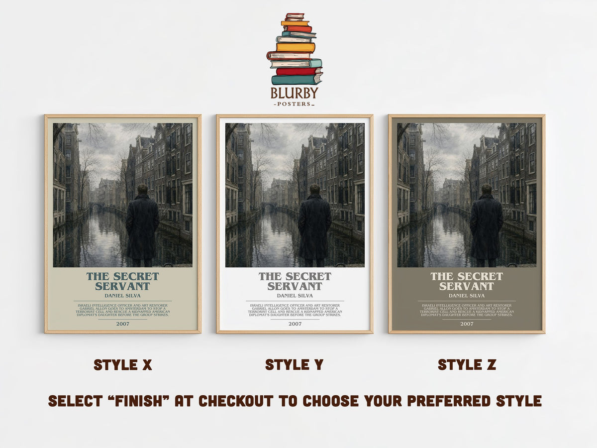 The Secret Servant bookish print in frame leaning in hallway – thriller wall art (mockup)