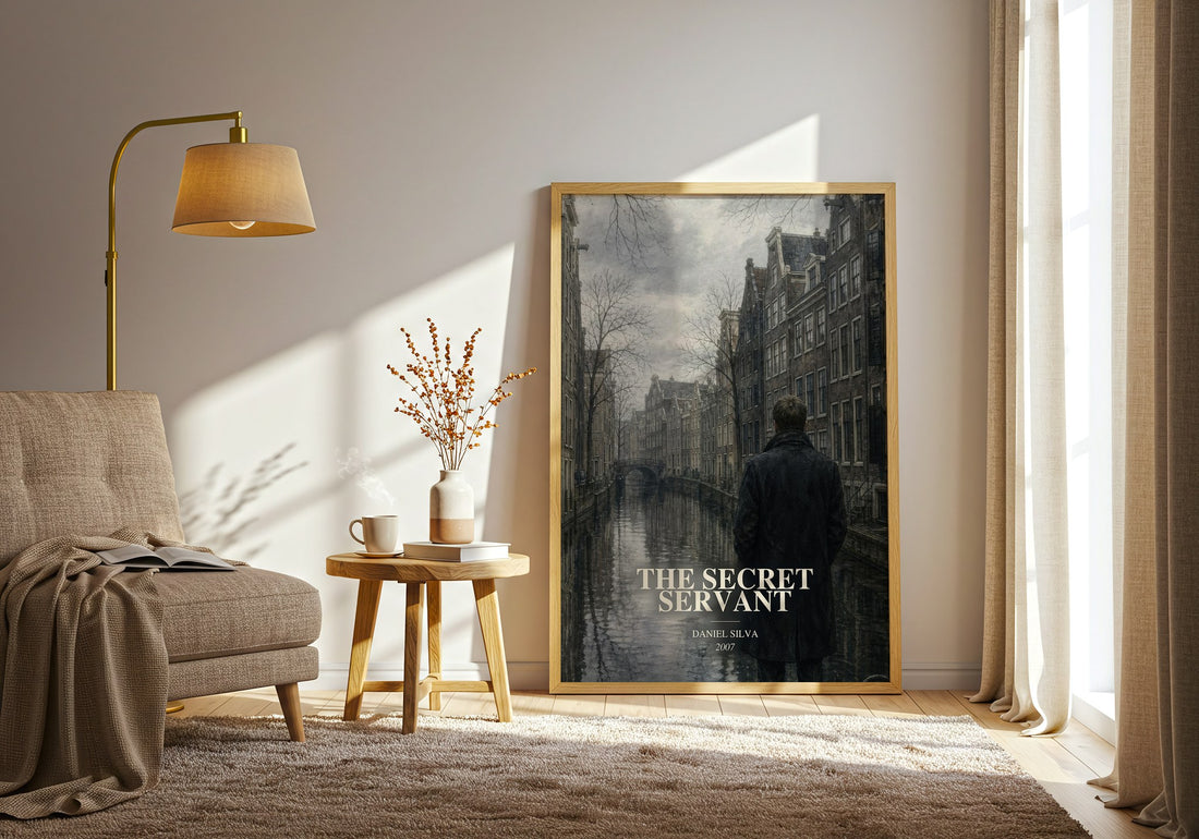 The Secret Servant watercolour print in frame leaning in hallway – thriller wall art (mockup)