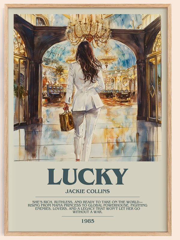 Lucky bookish book poster by Jackie Collins – framed literary art print
