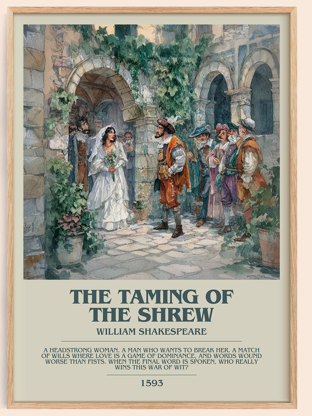 The Taming of the Shrew bookish book poster by William Shakespeare – framed literary art print