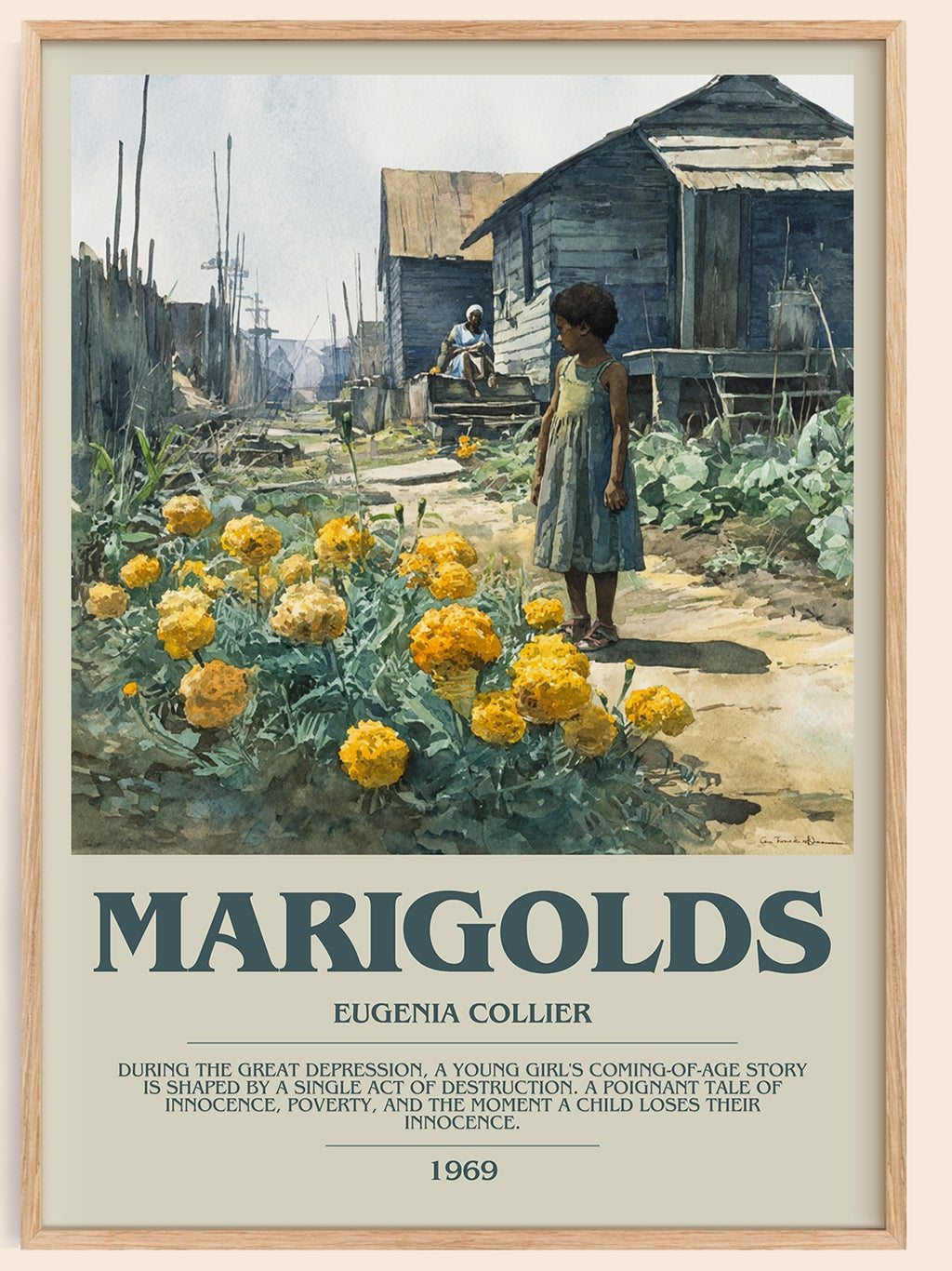 Marigolds bookish book poster by Eugenia Collier – framed literary art print