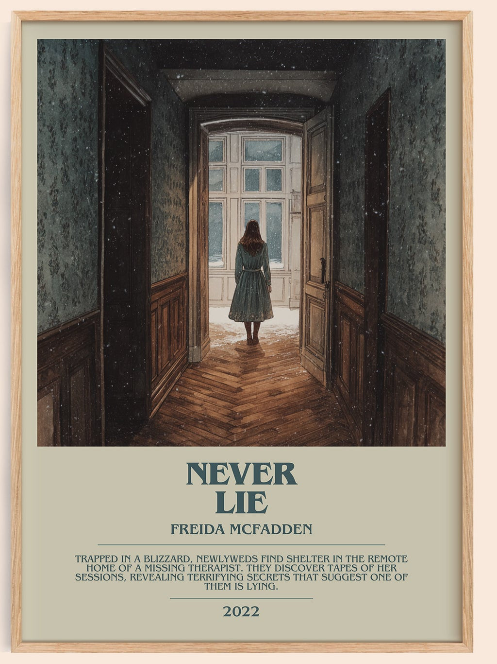 Never Lie bookish book poster by Freida McFadden – framed literary art print
