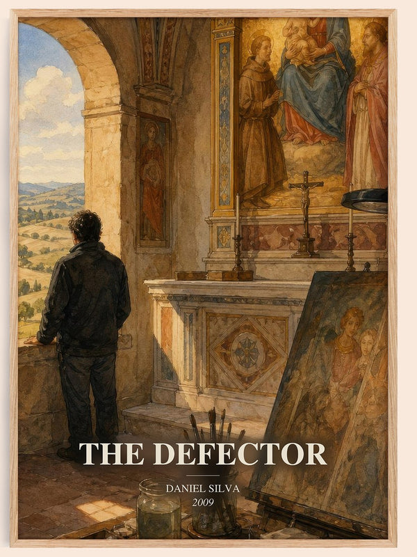 The Defector watercolour book poster by Daniel Silva – framed literary art print