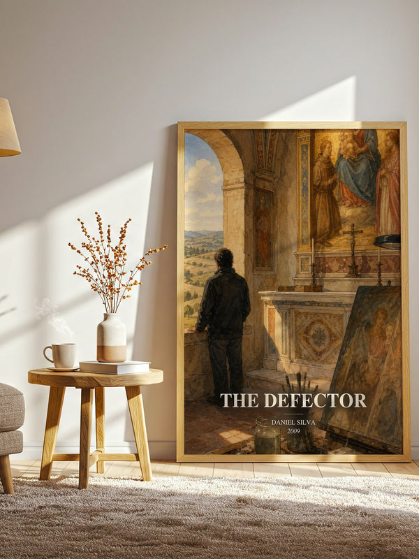 The Defector watercolour print in frame leaning in hallway – thriller wall art