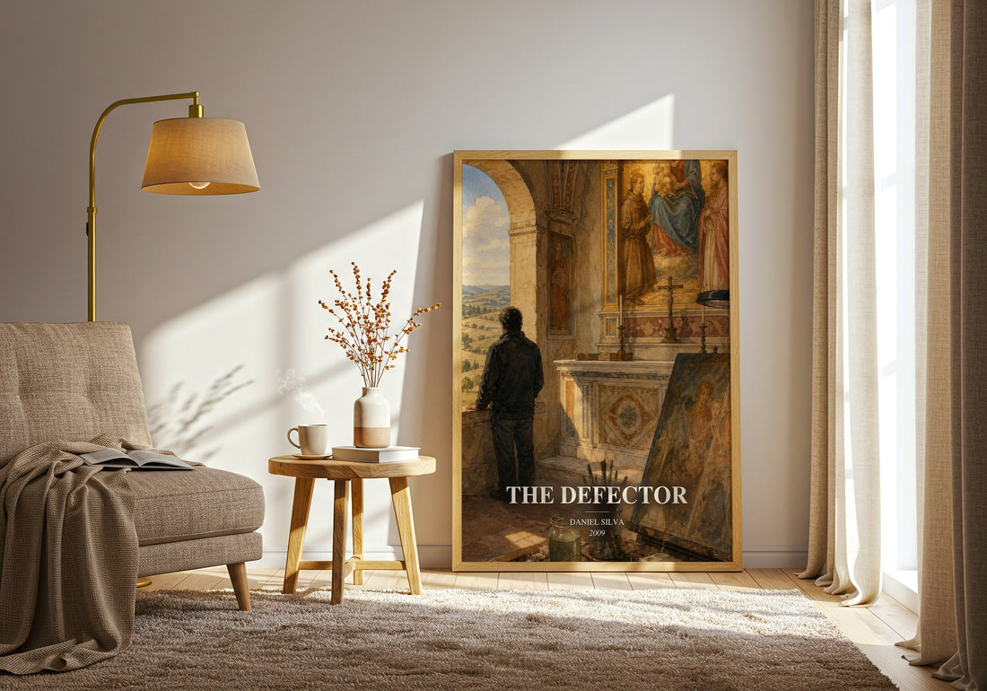 The Defector watercolour print in frame leaning in hallway – thriller wall art (mockup)