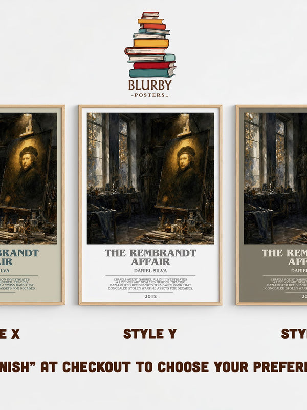 The Rembrandt Affair bookish print in frame leaning in hallway – thriller wall art