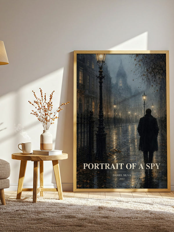 Portrait of a Spy watercolour print in frame leaning in hallway – thriller wall art