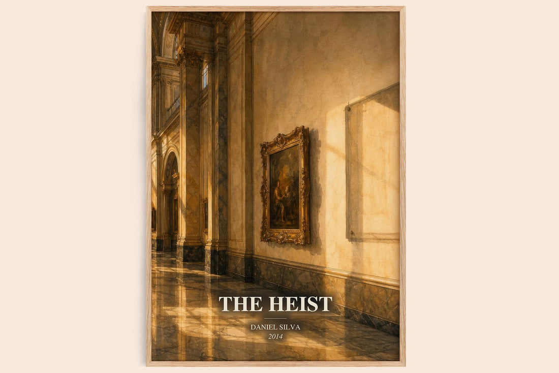 The Heist watercolour book poster by Daniel Silva – framed literary art print