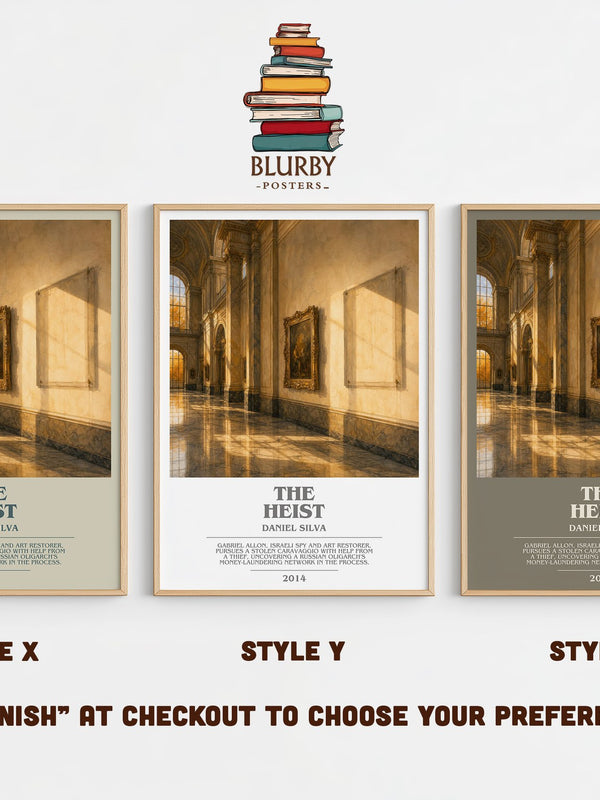 The Heist bookish print in frame leaning in hallway – thriller wall art