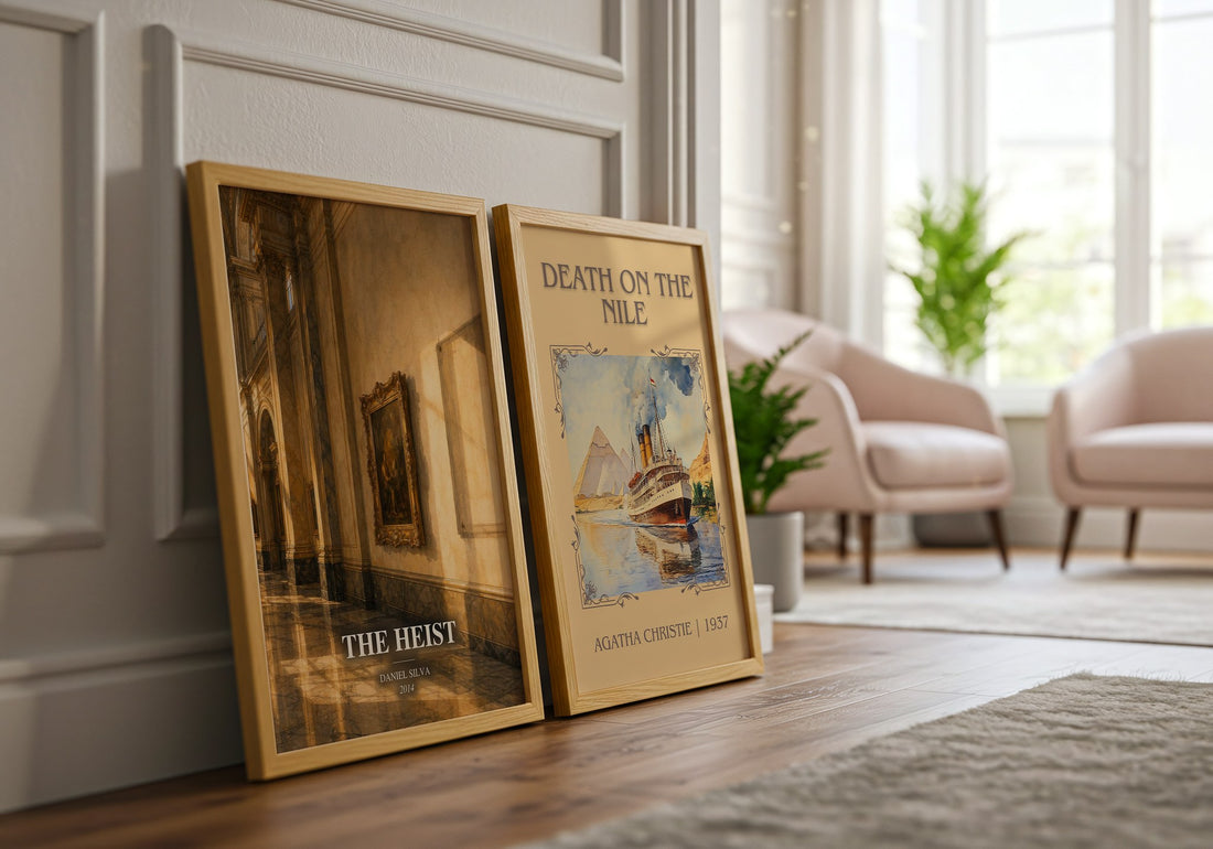 The Heist watercolour print framed by window – literary home decor