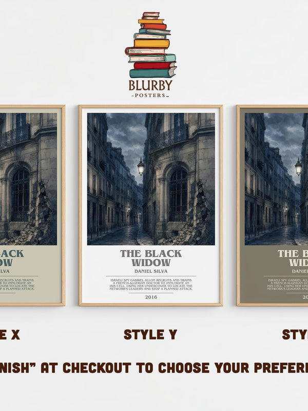 The Black Widow bookish print in frame leaning in hallway – thriller wall art
