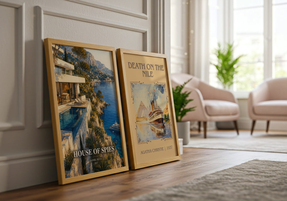 House of Spies watercolour print framed by window – literary home decor