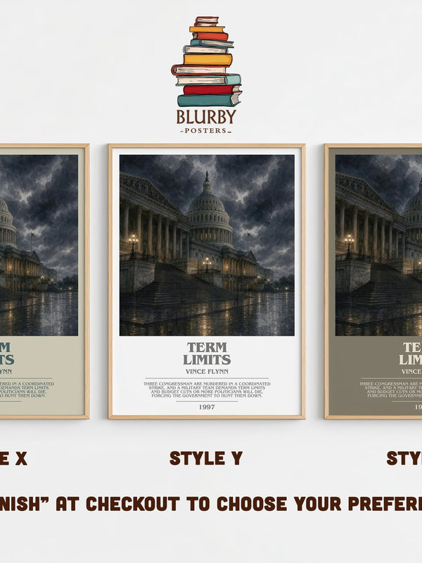 Term Limits bookish print in frame leaning in hallway – thriller wall art