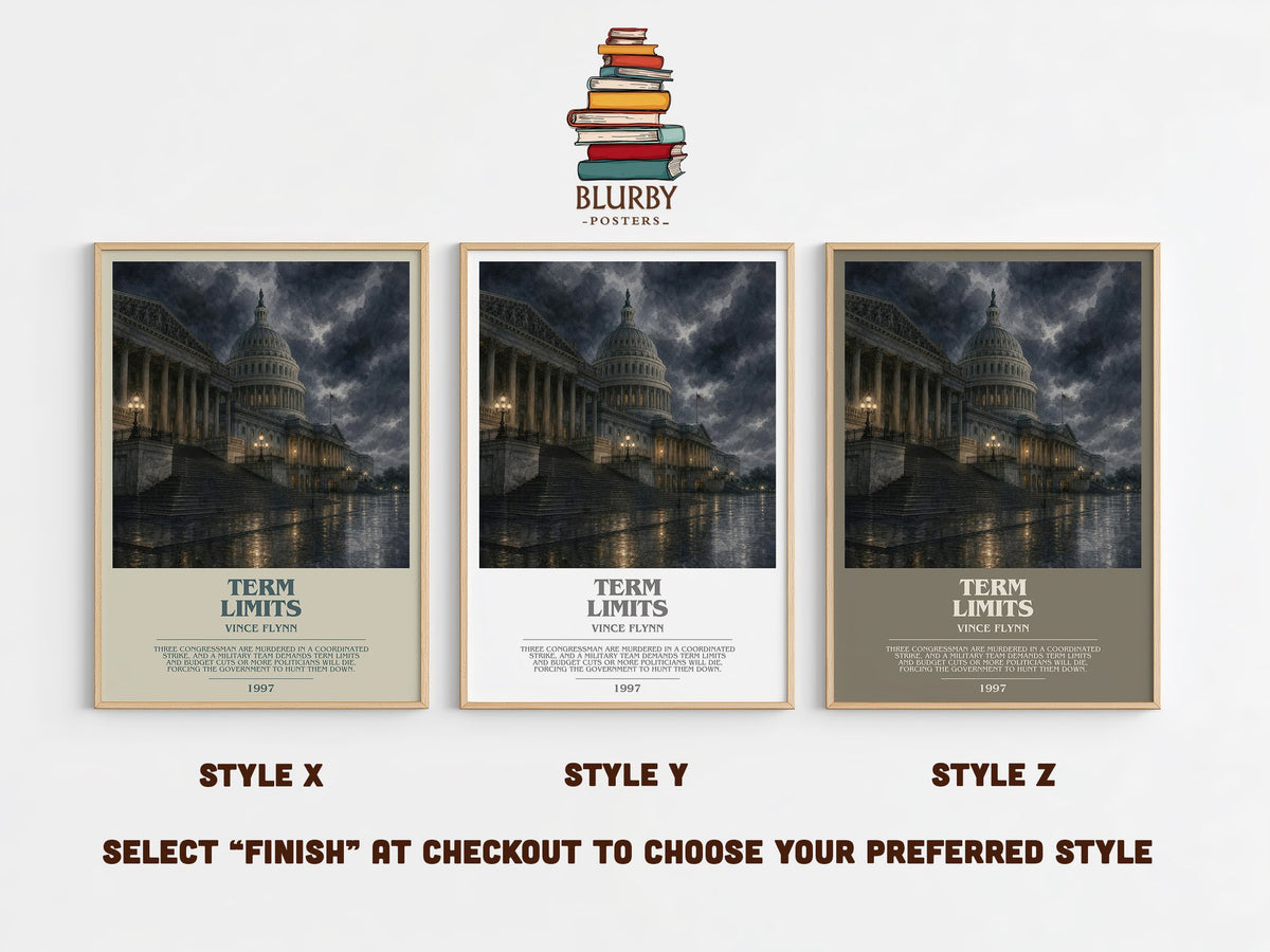 Term Limits bookish print in frame leaning in hallway – thriller wall art (mockup)
