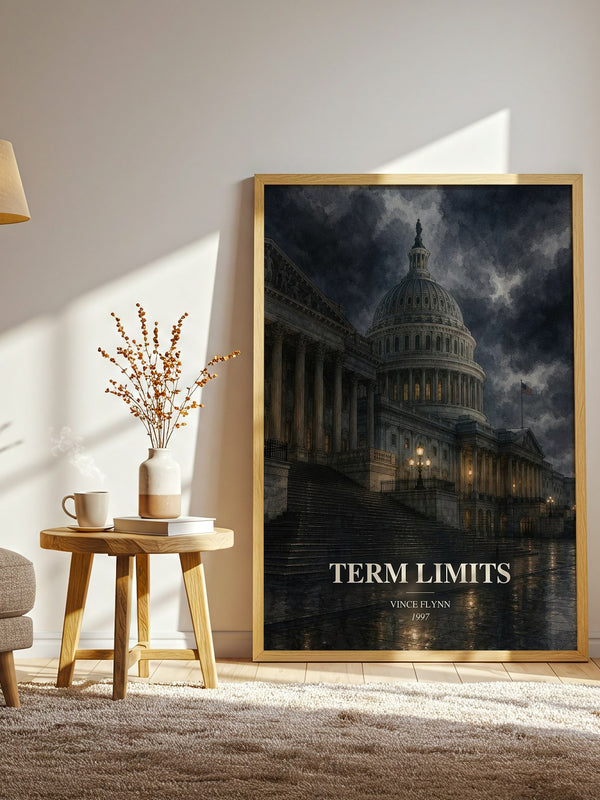 Term Limits watercolour print in frame leaning in hallway – thriller wall art
