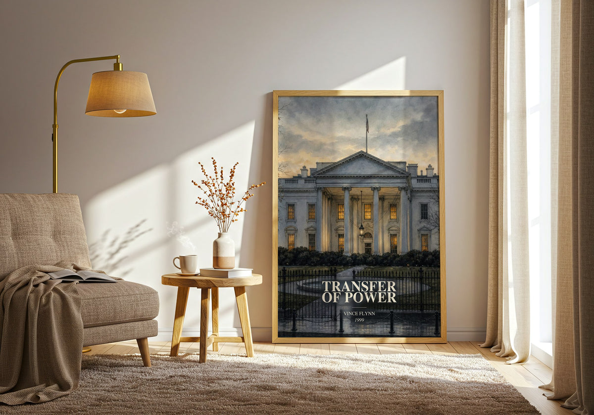 Transfer of Power watercolour print in frame leaning in hallway – thriller wall art (mockup)