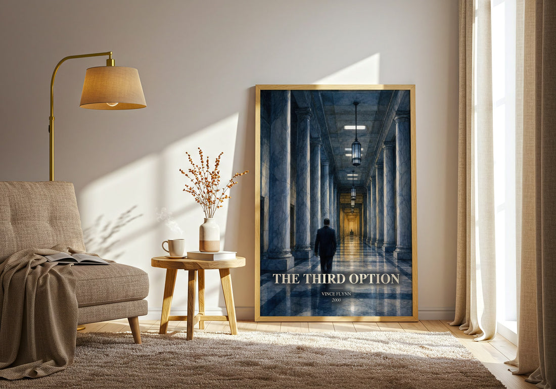 The Third Option watercolour print in frame leaning in hallway – thriller wall art (mockup)