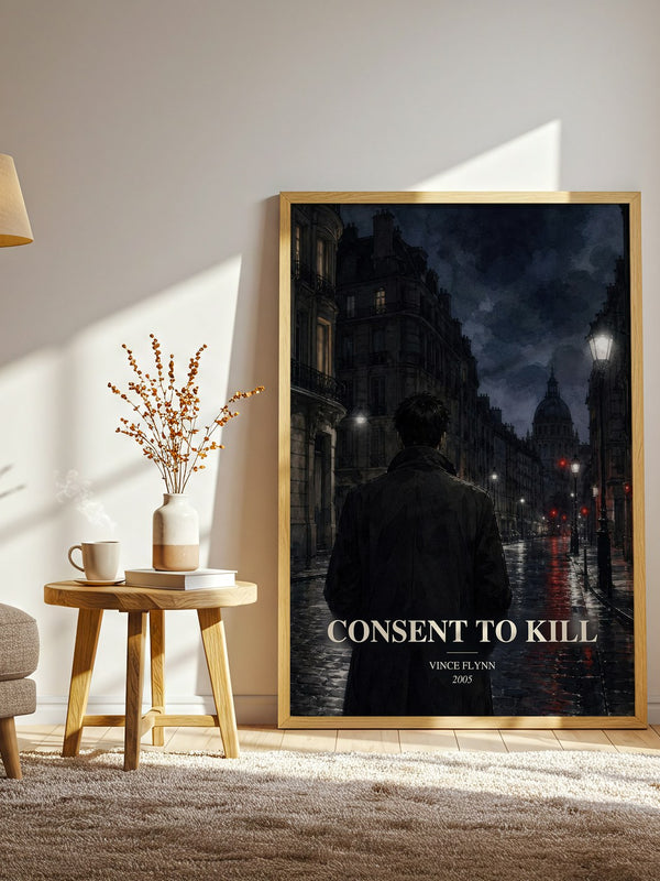 Consent to Kill watercolour print in frame leaning in hallway – thriller wall art