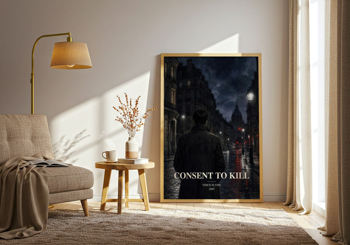 Consent to Kill watercolour print in frame leaning in hallway – thriller wall art (mockup)