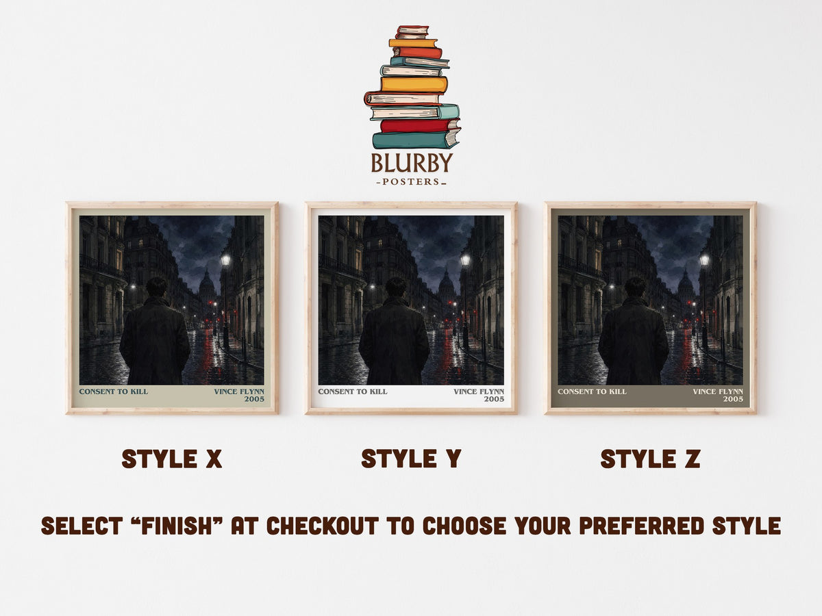 Consent to Kill literary print in frame leaning in hallway – thriller wall art (mockup)