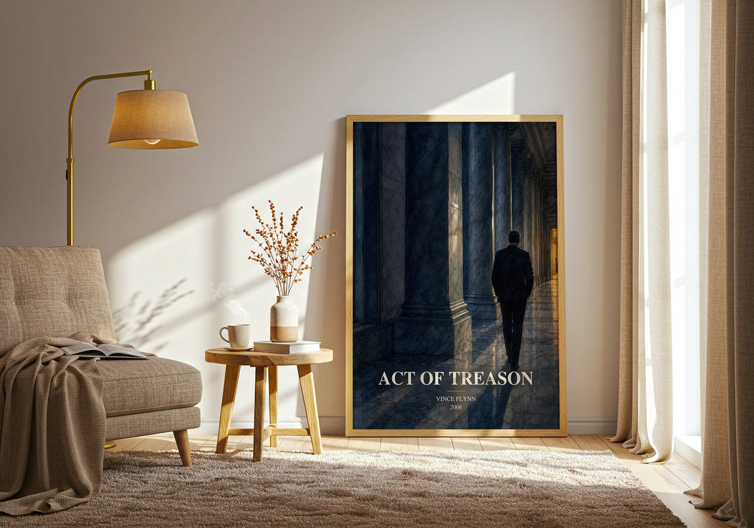 Act of Treason watercolour print in frame leaning in hallway – thriller wall art (mockup)