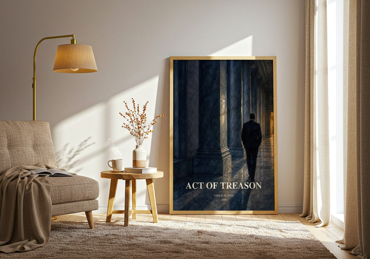 Act of Treason watercolour print in frame leaning in hallway – thriller wall art (mockup)