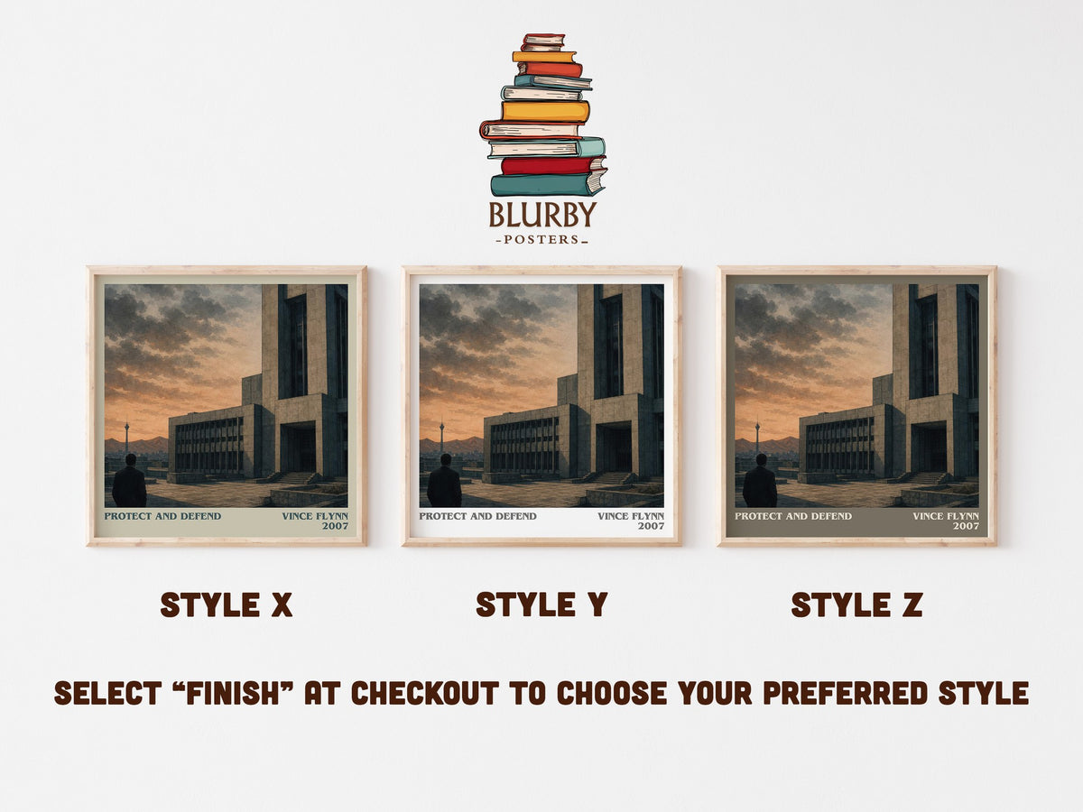 Protect and Defend literary print in frame leaning in hallway – thriller wall art (mockup)