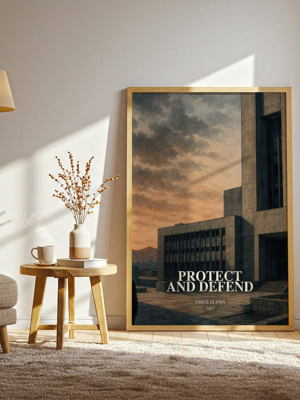 Protect and Defend watercolour print in frame leaning in hallway – thriller wall art