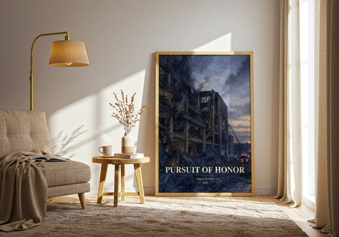 Pursuit of Honor watercolour print in frame leaning in hallway – thriller wall art (mockup)