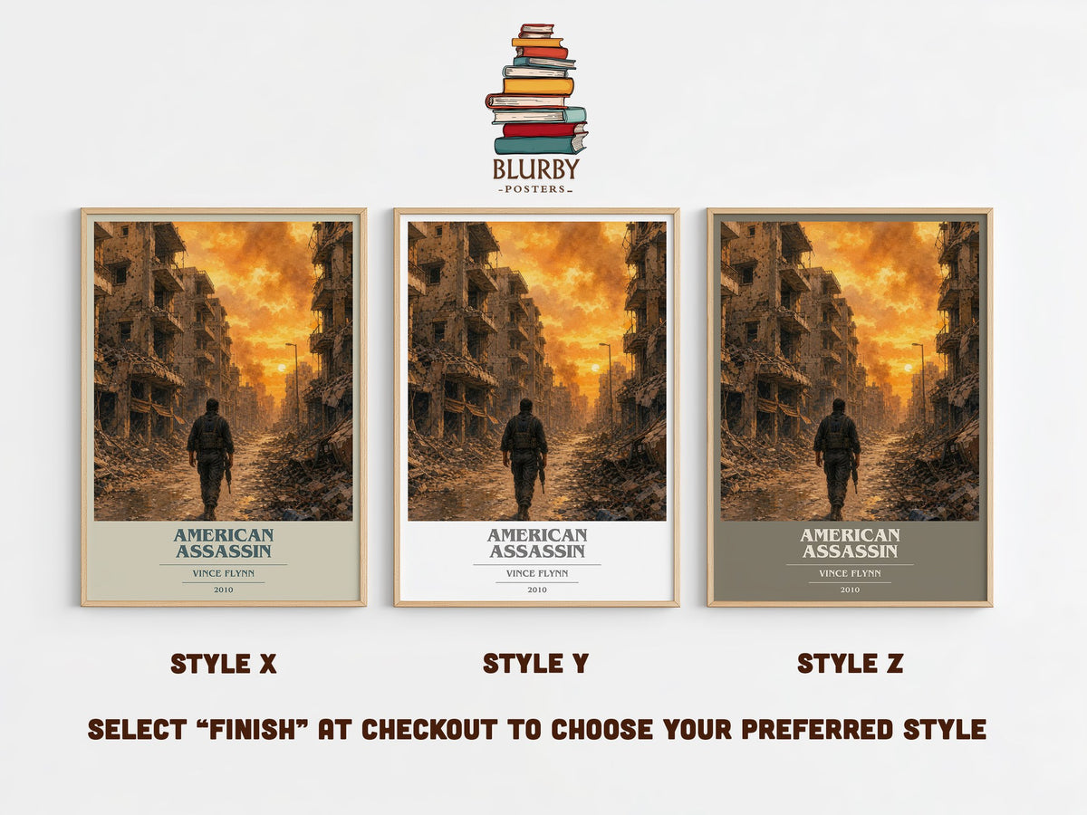 American Assassin book cover print in frame leaning in hallway – thriller wall art (mockup)